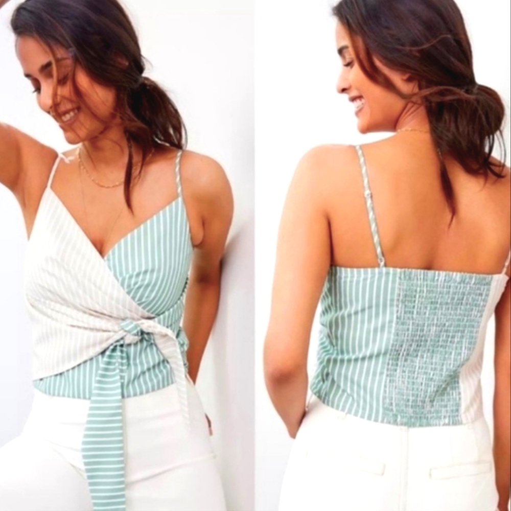 Mare x Anthropologie XS Striped Sage Green and White Wrap Smocked Tank Top